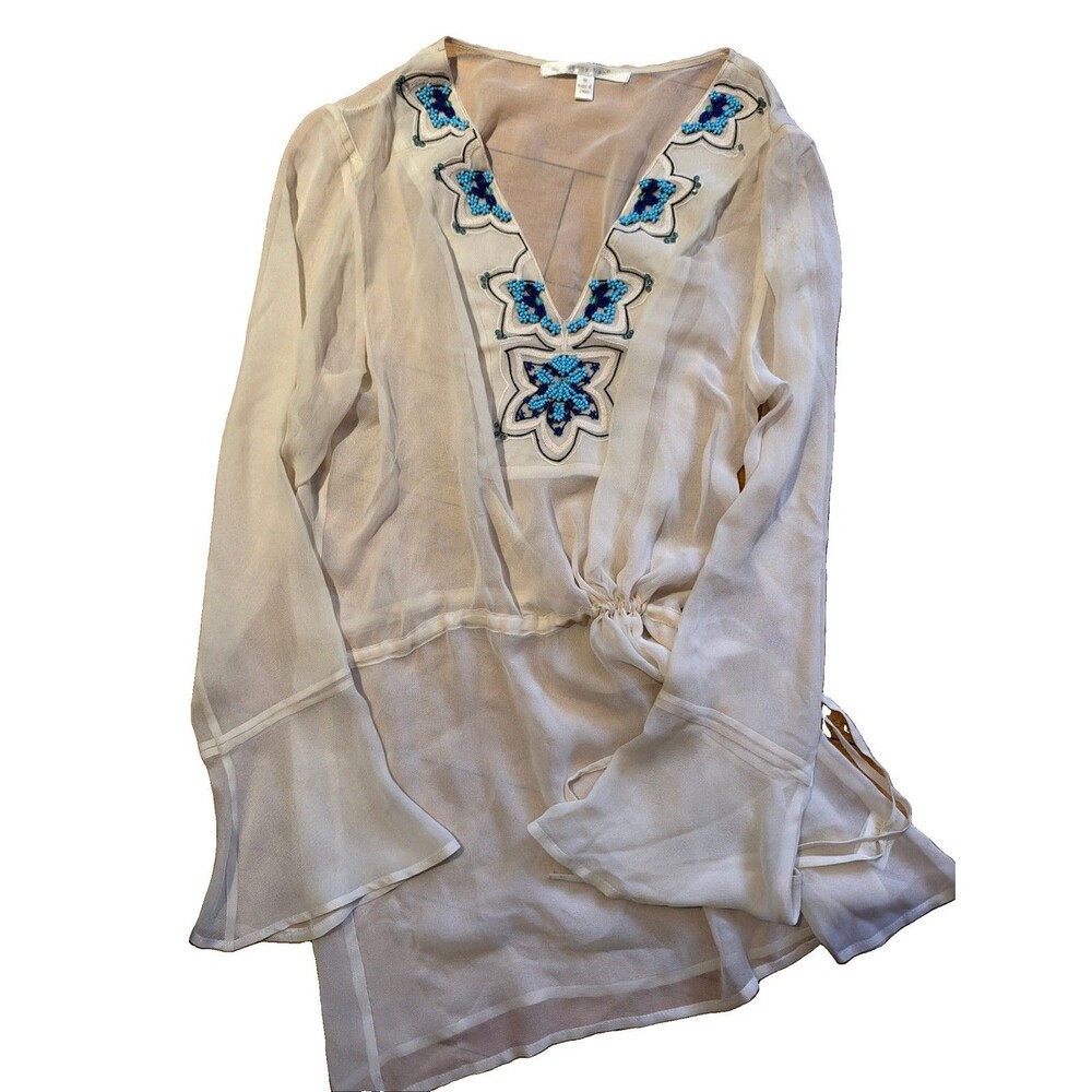 Jenny Han 100% Silk Cream With Turquoise Beaded Side Tied Sheer Tunic Top Sz M